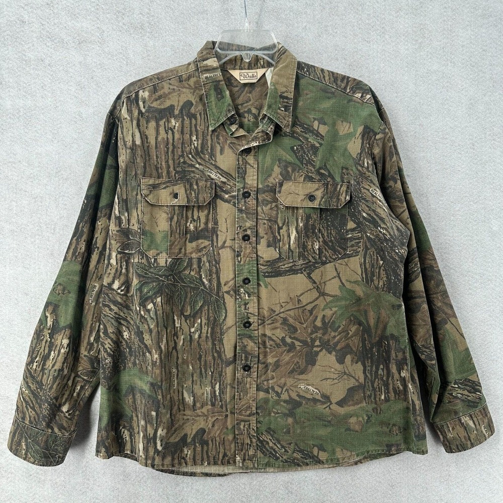 Walls Men Tree Camouflage XL/XXL Long Sleeve Hunting Button Canvas Chest 46"-48"